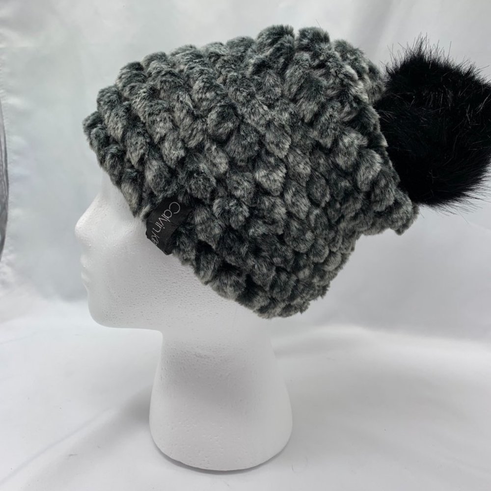 Calvin Klein gray winter hat with black faux fur pom pom